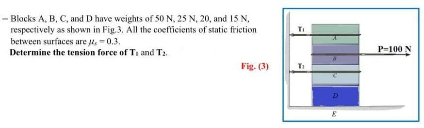 - Blocks A, B, C, and D have weights of 50 N, 25 N, 20, and 15 N,
respectively as shown in Fig.3. All the coefficients of static friction
between surfaces are μ = 0.3.
Determine the tension force of T₁ and T2.
Fig. (3)
T:
D
E
P=100 N