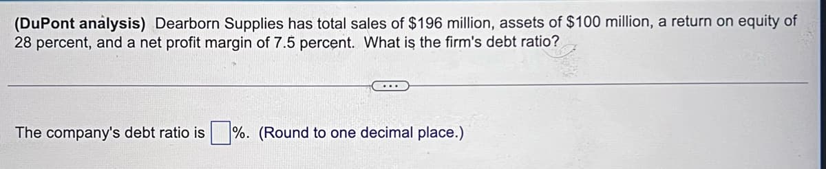 (DuPont analysis) Dearborn Supplies has total sales of $196 million, assets of $100 million, a return on equity of
28 percent, and a net profit margin of 7.5 percent. What is the firm's debt ratio?
The company's debt ratio is%. (Round to one decimal place.)