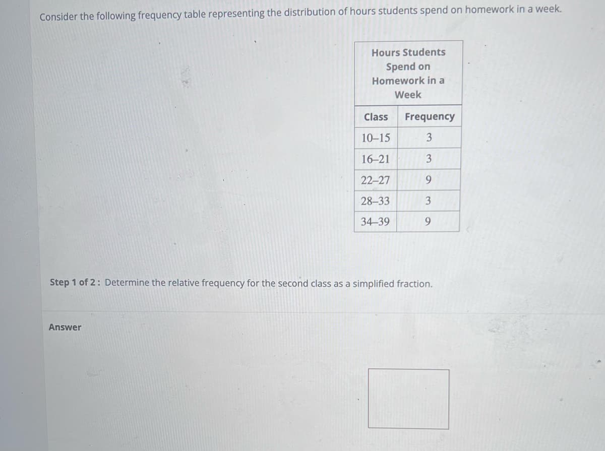 Consider the following frequency table representing the distribution of hours students spend on homework in a week.
Hours Students
Spend on
Homework in a
Week
Answer
Class Frequency
10-15
3
16-21
3
22-27
9
28-33
3
34-39
9
Step 1 of 2: Determine the relative frequency for the second class as a simplified fraction.