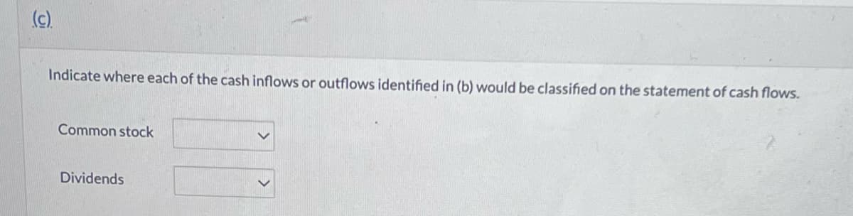 (c).
Indicate where each of the cash inflows or outflows identified in (b) would be classified on the statement of cash flows.
Common stock
Dividends