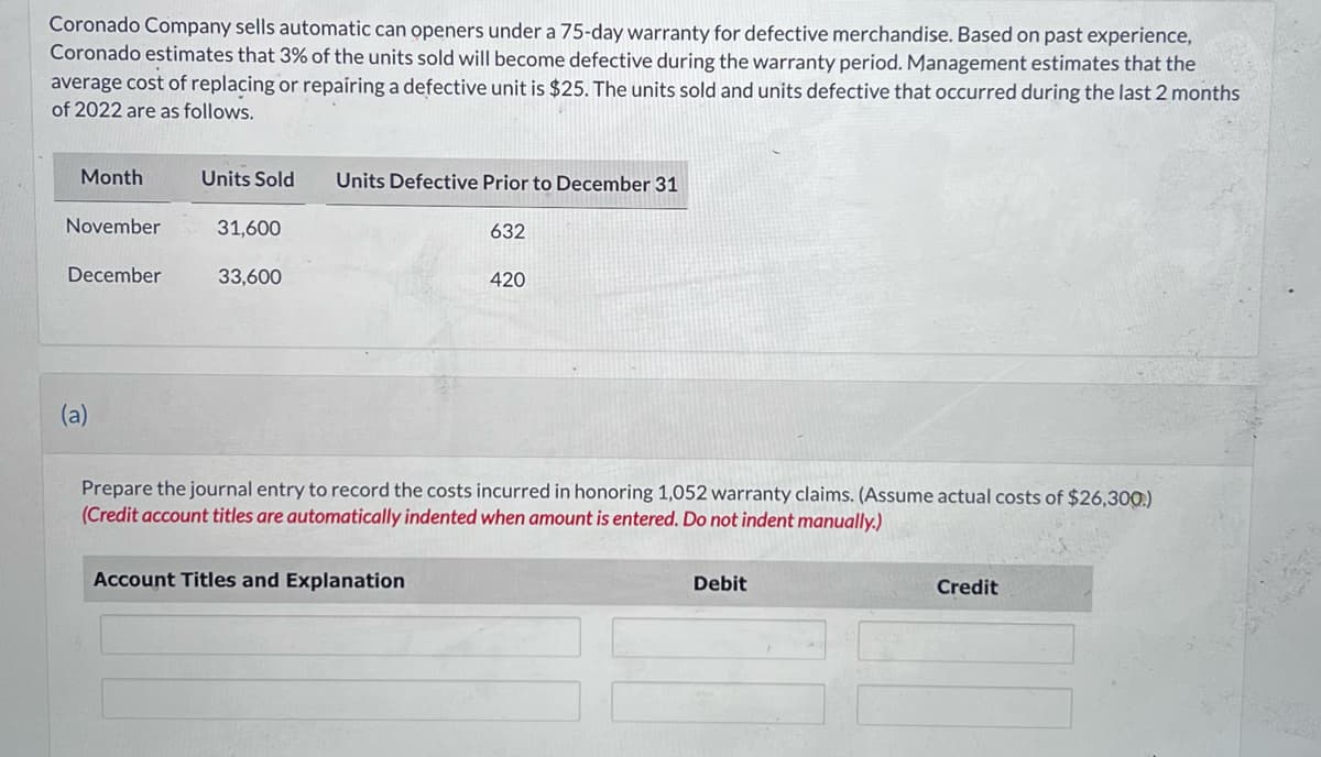 Coronado Company sells automatic can openers under a 75-day warranty for defective merchandise. Based on past experience,
Coronado estimates that 3% of the units sold will become defective during the warranty period. Management estimates that the
average cost of replacing or repairing a defective unit is $25. The units sold and units defective that occurred during the last 2 months
of 2022 are as follows.
Month
November
December
(a)
Units Sold
31,600
33,600
Units Defective Prior to December 31
632
Account Titles and Explanation
420
Prepare the journal entry to record the costs incurred in honoring 1,052 warranty claims. (Assume actual costs of $26,300.)
(Credit account titles are automatically indented when amount is entered. Do not indent manually.)
Debit
Credit
