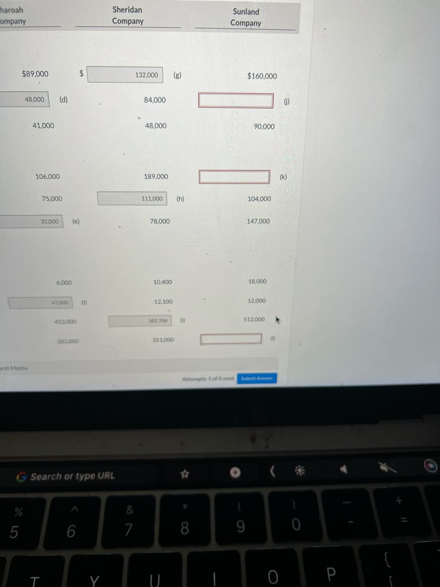 haroah
company
$89,000
and Media
%
5
48,000 (d)
41.000
106,000
75,000
31,000
T
6.000
47,000
(e)
413,000
382,000
$
6
(1)
Search or type URL
Sheridan
Company
Y
132,000
84,000
&
7
48,000
i
189,000
111,000 (h)
78,000
10,400
12,100
(g)
382,700 (0)
351.000
U
*
Sunland
Company
8
$160,000
90,000
9
104,000
147,000
18,000
12,000
512,000
Attempts: 1 of 5 used Submit Anwer
(1)
*
(₁)
(k)
)
0
P
+