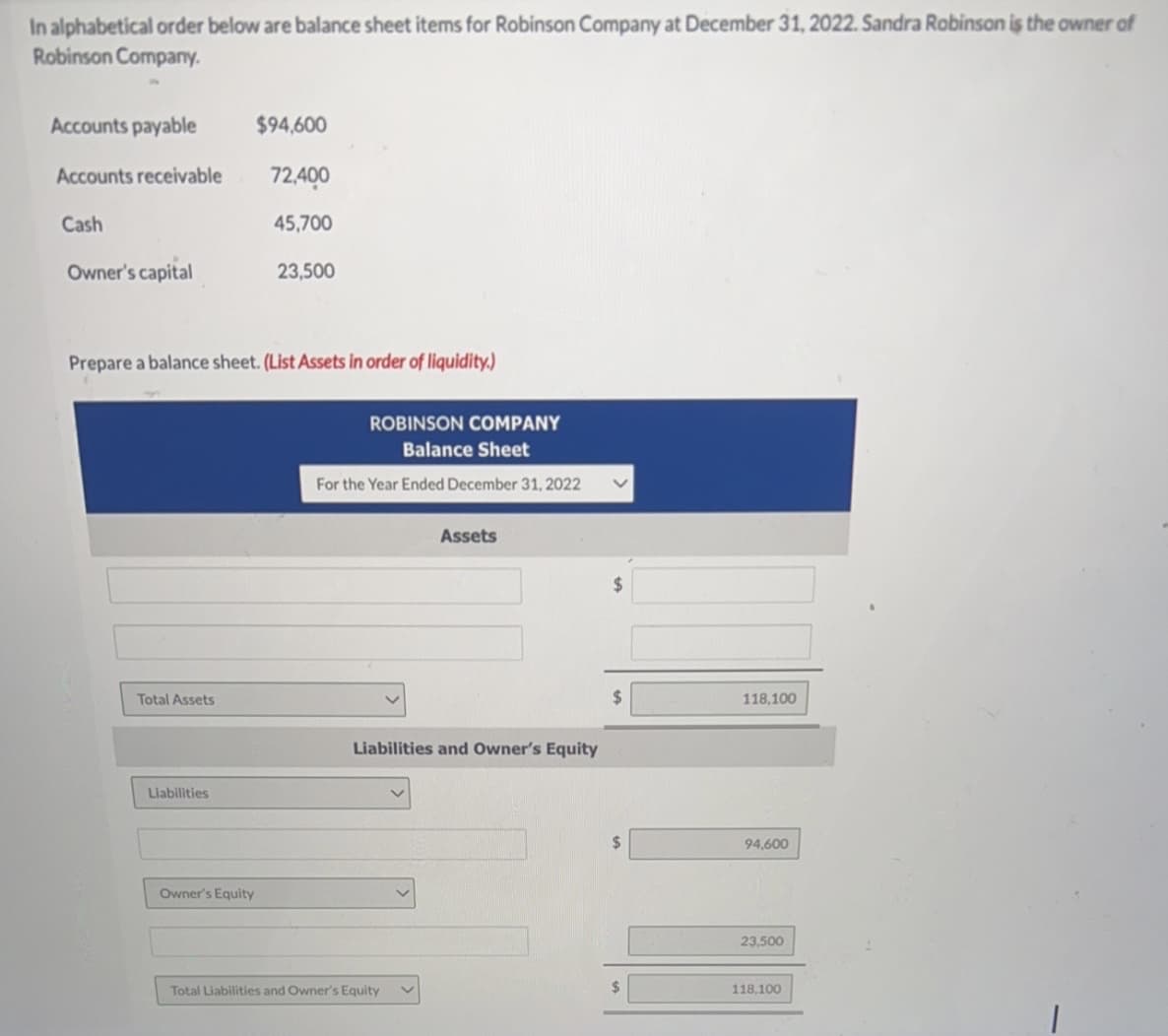 In alphabetical order below are balance sheet items for Robinson Company at December 31, 2022. Sandra Robinson is the owner of
Robinson Company.
Accounts payable
Accounts receivable
Cash
Owner's capital
Total Assets
Liabilities
$94,600
Prepare a balance sheet. (List Assets in order of liquidity.)
Owner's Equity
72,400
45,700
23,500
ROBINSON COMPANY
Balance Sheet
For the Year Ended December 31, 2022
Assets
Liabilities and Owner's Equity
Total Liabilities and Owner's Equity
$
$
$
118,100
94,600
23,500
118,100