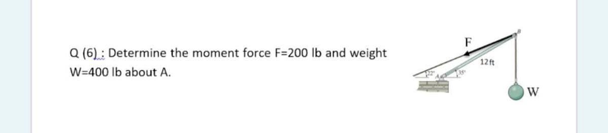 Q (6): Determine the moment force F=200 lb and weight
12 ft
W=400 lb about A.
W
