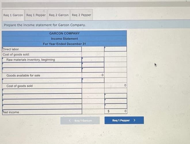 Req 1 Garcon Req 1 Pepper Req 2 Garcon Req 2 Pepper
Prepare the income statement for Garcon Company.
GARCON COMPANY
Income Statement
For Year Ended December 31
Direct labor
Cost of goods sold:
Raw materials inventory, beginning
Goods available for sale
Cost of goods sold
Net income
Reg 1 Garcon
0
$
0
0
Req 1 Pepper >