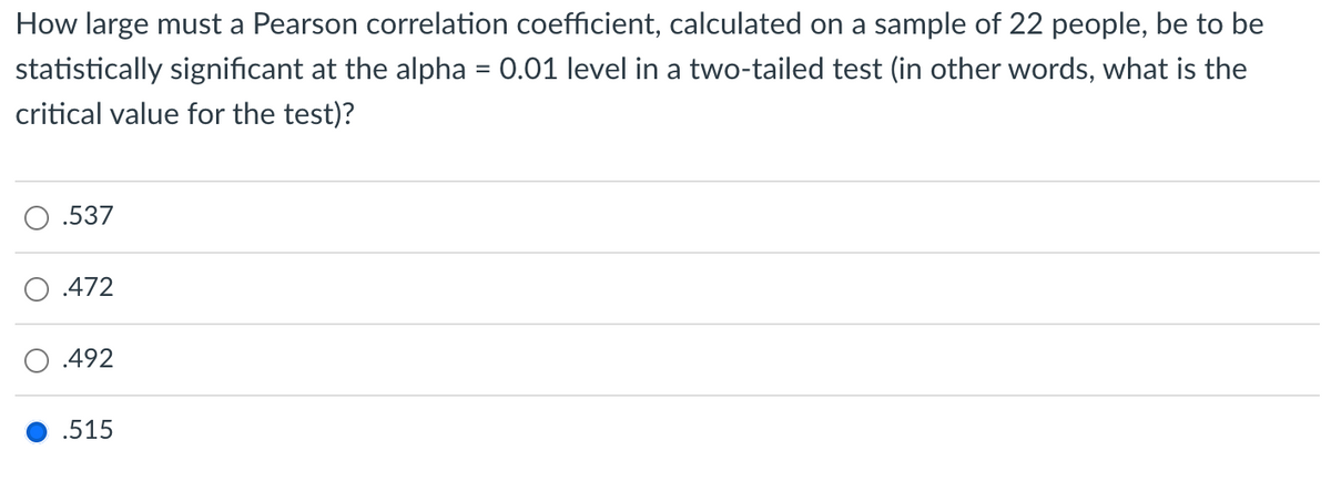 How large must a Pearson correlation coefficient, calculated on a sample of 22 people, be to be
statistically significant at the alpha = 0.01 level in a two-tailed test (in other words, what is the
critical value for the test)?
.537
.472
.492
.515