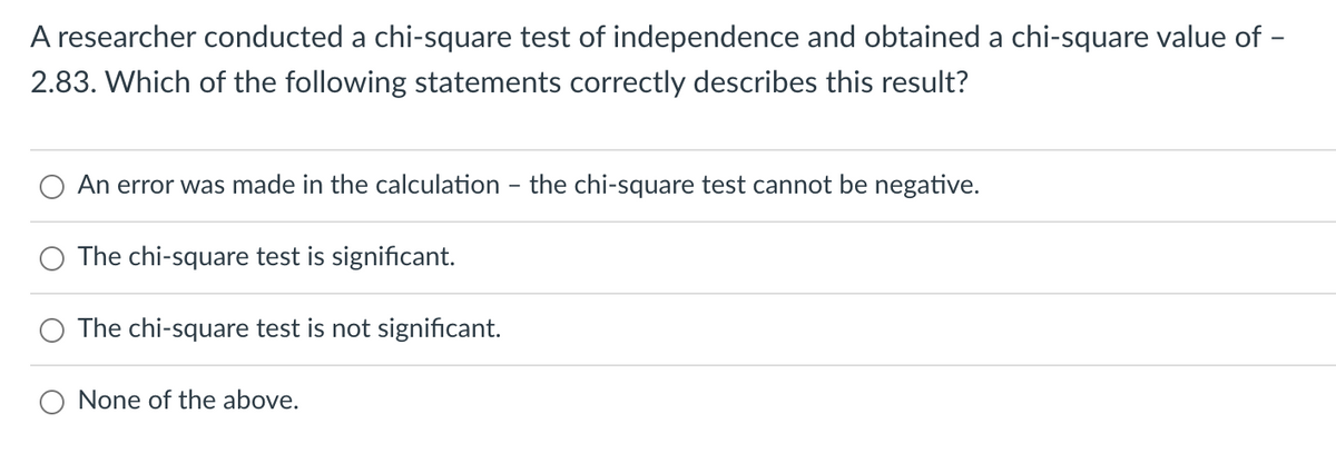 A researcher conducted a chi-square test of independence and obtained a chi-square value of -
2.83. Which of the following statements correctly describes this result?
An error was made in the calculation - the chi-square test cannot be negative.
The chi-square test is significant.
The chi-square test is not significant.
None of the above.