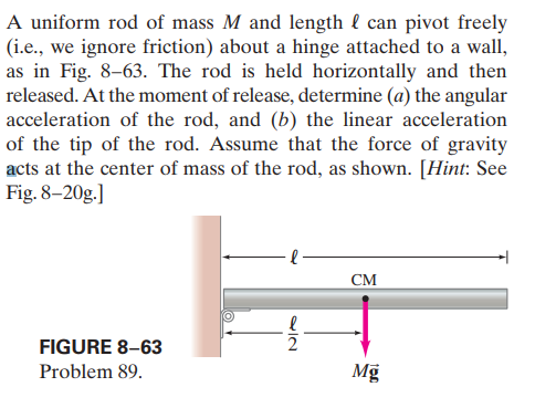 A uniform rod of mass M and length l can pivot freely
(i.e., we ignore friction) about a hinge attached to a wall,
as in Fig. 8-63. The rod is held horizontally and then
released. At the moment of release, determine (a) the angular
acceleration of the rod, and (b) the linear acceleration
of the tip of the rod. Assume that the force of gravity
acts at the center of mass of the rod, as shown. [Hint: See
Fig. 8–20g.]
СМ
FIGURE 8-63
Problem 89.
Mỹ
