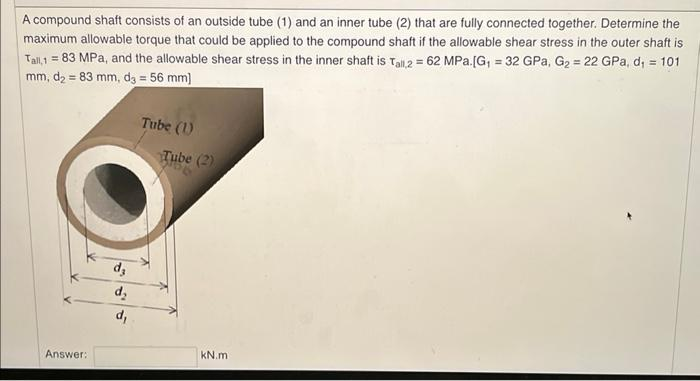 A compound shaft consists of an outside tube (1) and an inner tube (2) that are fully connected together. Determine the
maximum allowable torque that could be applied to the compound shaft if the allowable shear stress in the outer shaft is
Tall, 1 = 83 MPa, and the allowable shear stress in the inner shaft is Tall,2= 62 MPa.[G₁ = 32 GPa, G₂ = 22 GPa, d₁ = 101
mm, d₂ = 83 mm, d3= 56 mm]
Answer:
dz
d₂
d₁
Tube (1)
Tube (2)
kN.m