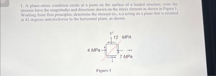 1. A plane-stress condition exists at a point on the surface of a loaded structure, were the
stresses have the magnitudes and directions shown on the stress element as shown in Figure 1.
Working from first principles, determine the stresses (on, to) acting on a plane that is oriented
at 42 degrees anticlockwise to the horizontal plane, as shown.
4 MPa
Figure 1
12 MPA
41
7 MPa