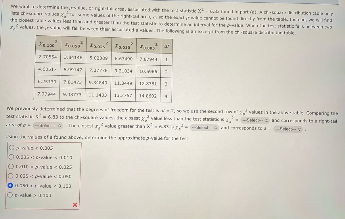 We want to determine the p-value, or right-tail area, associated with the test statistic X² = 6.83 found in part (a). A chi-square distribution table only
lists chi-square values
Xa
2 for some values of the right-tail area, a, so the exact p-value cannot be found directly from the table. Instead, we will find
the closest table values less than and greater than the test statistic to determine an interval for the p-value. When the test statistic falls between two
X₂² values, the p-value will fall between their associated a values. The following is an excerpt from the chi-square distribution table.
2
X0.100
2
X0.050 X0.025
2
2.70554 3.84146 5.02389
4.60517 5.99147 7.37776
6.25139 7.81473 9.34840
X
X0.010 X0.005 df
2
6.63490 7.87944 1
9.21034 10.5966 2
11.3449 12.8381 3
7.77944 9.48773 11.1433 13.2767 14.8602 4
2
We previously determined that the degrees of freedom for the test is df = 2, so we use the second row of x₂ values in the above table. Comparing the
test statistic X² = 6.83 to the chi-square values, the closest X₂²value less than the test statistic is X₂= ---Select--- and corresponds to a right-tail
area of a = ---Select--- . The closest x² value greater than X² = 6.83 is X₂² 2
-Select-- and corresponds to a = ---Select--- .
=
Using the values of a found above, determine the approximate p-value for the test.
O p-value < 0.005
O 0.005 < p-value < 0.010
0.010 < p-value < 0.025
0.025 p-value < 0.050
0.050 p-value < 0.100
O p-value > 0.100