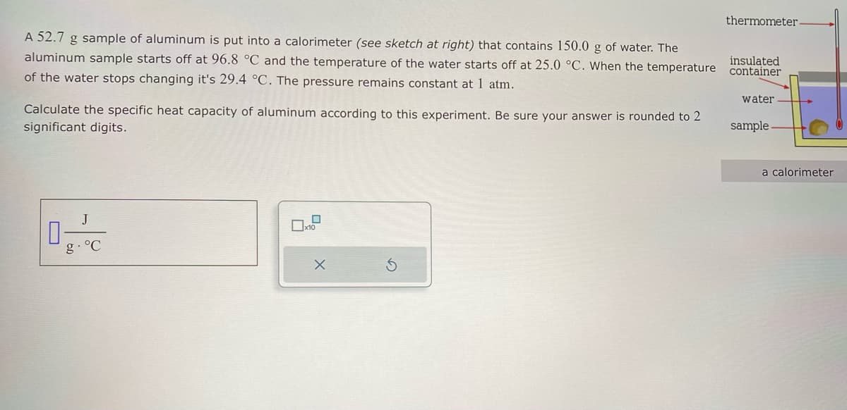 A 52.7 g sample of aluminum is put into a calorimeter (see sketch at right) that contains 150.0 g of water. The
aluminum sample starts off at 96.8 °C and the temperature of the water starts off at 25.0 °C. When the temperature
of the water stops changing it's 29.4 °C. The pressure remains constant at 1 atm.
Calculate the specific heat capacity of aluminum according to this experiment. Be sure your answer is rounded to 2
significant digits.
0
J
g. °C
x10
X
thermometer.
insulated
container
water
sample.
a calorimeter