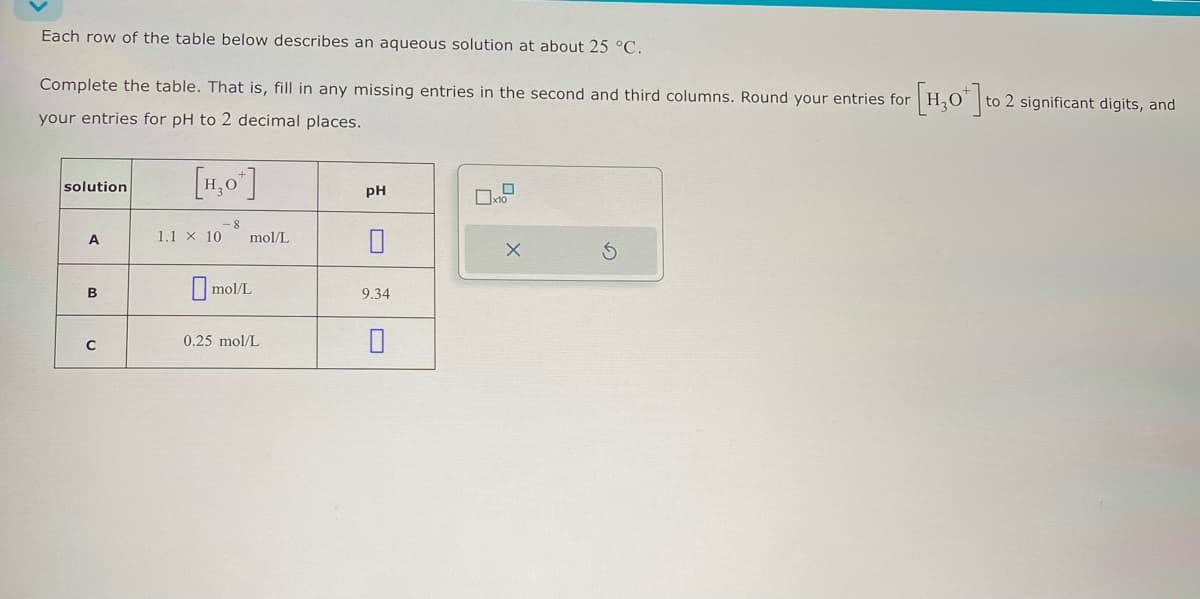 to 2 significant digits, and
Each row of the table below describes an aqueous solution at about 25 °C.
Complete the table. That is, fill in any missing entries in the second and third columns. Round your entries for
your entries for pH to 2 decimal places.
solution
[no]
-8
PH
[H,O] to
A
1.1 x 10
B
mol/L
mol/L
9.34
C
0.25 mol/L
0
х
5