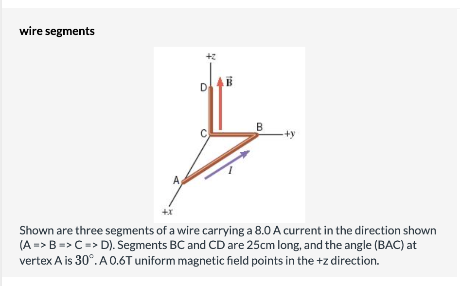 wire segments
+z
De
B
C
+y
A
+x
Shown are three segments of a wire carrying a 8.0 A current in the direction shown
(A => B => C => D). Segments BC and CD are 25cm long, and the angle (BAC) at
vertex A is 30°.A 0.6T uniform magnetic field points in the +z direction.
