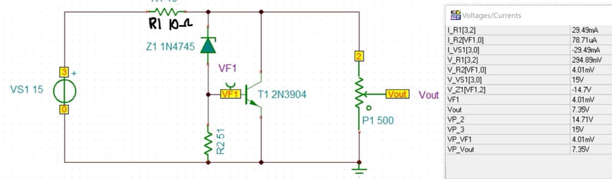 VS1 15
RI 10
Z1 1N4745
www
VF1
VF1
R251
T1 2N3904
Vout Vout
P1 500
Voltages/Currents
I_R1[3,2]
I_R2[VF1,0]
I_VS1[3,0]
V_R1[3,2]
V_R2[VF1,0]
V_VS1[3.0]
V_Z1[VF1,2]
VF1
Vout
VP_2
VP_3
VP_VF1
VP_Vout
29.49mA
78.71uA
-29.49mA
294.89mV
4.01mV
15V
-14.7V
4.01mV
7.35V
14.71V
15V
4.01mV
7.35V