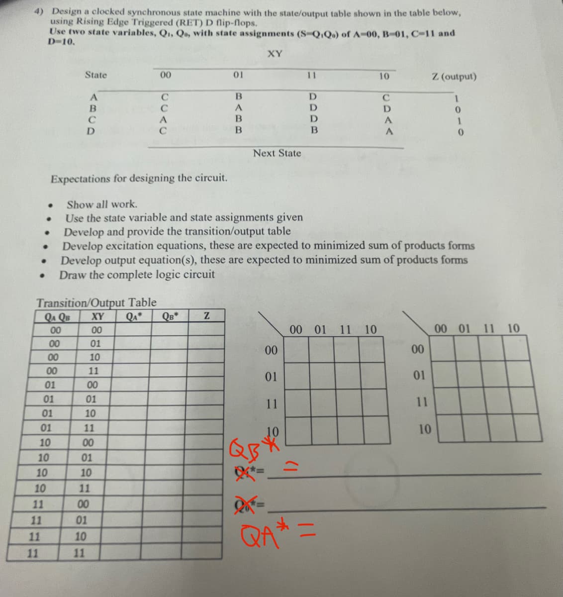 4) Design a clocked synchronous state machine with the state/output table shown in the table below,
using Rising Edge Triggered (RET) D flip-flops.
Use two state variables, Q₁, Qo, with state assignments (S-QiQo) of A-00, B-01, C-11 and
D-10.
XY
●
●
●
●
●
11
11
Transition/Output Table
11
QA QB
00
00
10
10
11
01
10
10
01
01
01
00
00
State
A
B
D
01
10
11
00
01
10
11
00
01
10
11
00
01
10
11
00
C
C
C
XY QA* QB* Z
00
01
Expectations for designing the circuit.
Show all work.
Use the state variable and state assignments given
Develop and provide the transition/output table
Develop excitation equations, these are expected to minimized sum of products forms
Develop output equation(s), these are expected to minimized sum of products forms
Draw the complete logic circuit
B
A
B
B
Next State
00
01
11
11
D
D
D
B
00 01 11 10
10
Of=
QA* =
C
D
00
01
11
Z (output)
10
1
0
1
0
00 01 11 10