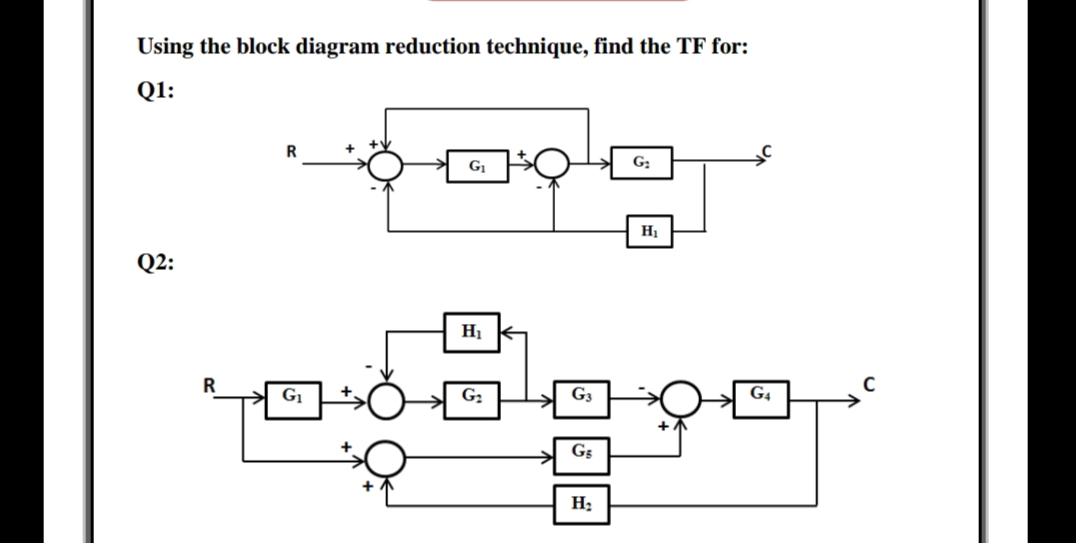 Using the block diagram reduction technique, find the TF for:
Q1:
G1
G:
Hị
Q2:
Hị
R
G1
G2
G3
G4
