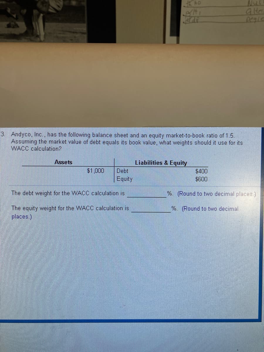 ### Financial Calculation: WACC Weights for Andyco, Inc.

Andyco, Inc. presents the following balance sheet along with an equity market-to-book ratio of 1.5. It is assumed that the market value of debt equals its book value. The task is to determine the appropriate weights for the WACC (Weighted Average Cost of Capital) calculation.

#### Balance Sheet:
**Assets**: $1,000
##### Liabilities & Equity:
- **Debt**: $400
- **Equity**: $600

Given the equity market-to-book ratio of 1.5, the market value of equity (E) is calculated as:

\[ \text{Market Value of Equity} = \text{Book Value of Equity} \times \text{Market-to-Book Ratio} \]
\[ E = \$600 \times 1.5 = \$900 \]

**Total Market Value Calculation:**
\[ V = \text{Market Value of Debt} + \text{Market Value of Equity} \]
\[ V = \$400 + \$900 = \$1300 \]

### Determining WACC Weights:
1. **Debt Weight (Wd)**:
\[ W_d = \frac{\text{Market Value of Debt}}{\text{Total Market Value}} \]
\[ W_d = \frac{\$400}{\$1300} = 0.3077 \]
\[ W_d \text{ (rounded to two decimal places)} = 30.77\% \]

2. **Equity Weight (We)**:
\[ W_e = \frac{\text{Market Value of Equity}}{\text{Total Market Value}} \]
\[ W_e = \frac{\$900}{\$1300} = 0.6923 \]
\[ W_e \text{ (rounded to two decimal places)} = 69.23\% \]

### Conclusion:
- The debt weight for the WACC calculation is **30.77%**.
- The equity weight for the WACC calculation is **69.23%**.