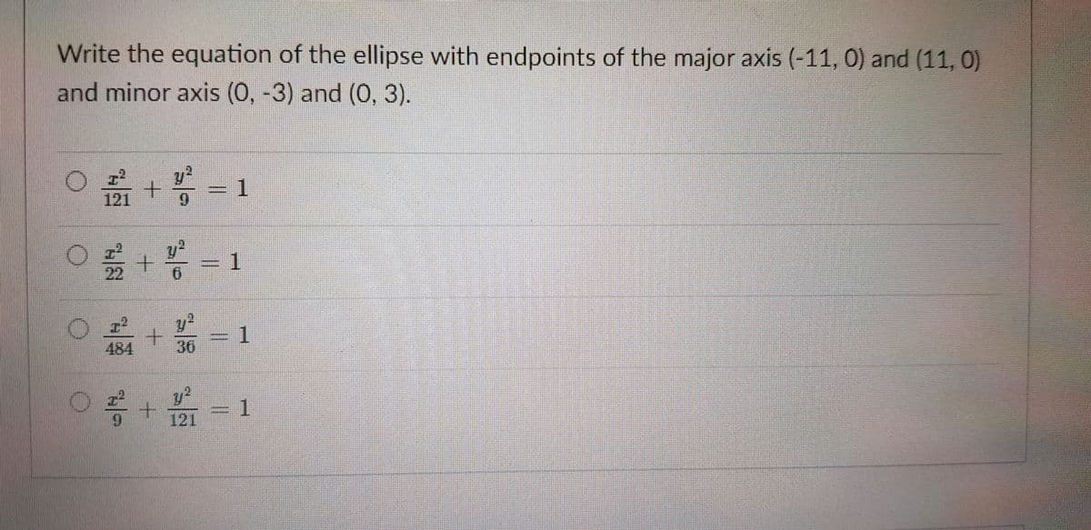 Write the equation of the ellipse with endpoints of the major axis (-11, 0) and (11, 0)
and minor axis (0, -3) and (O, 3).
+.
121
22
1.
484
36
1.
6.
121
