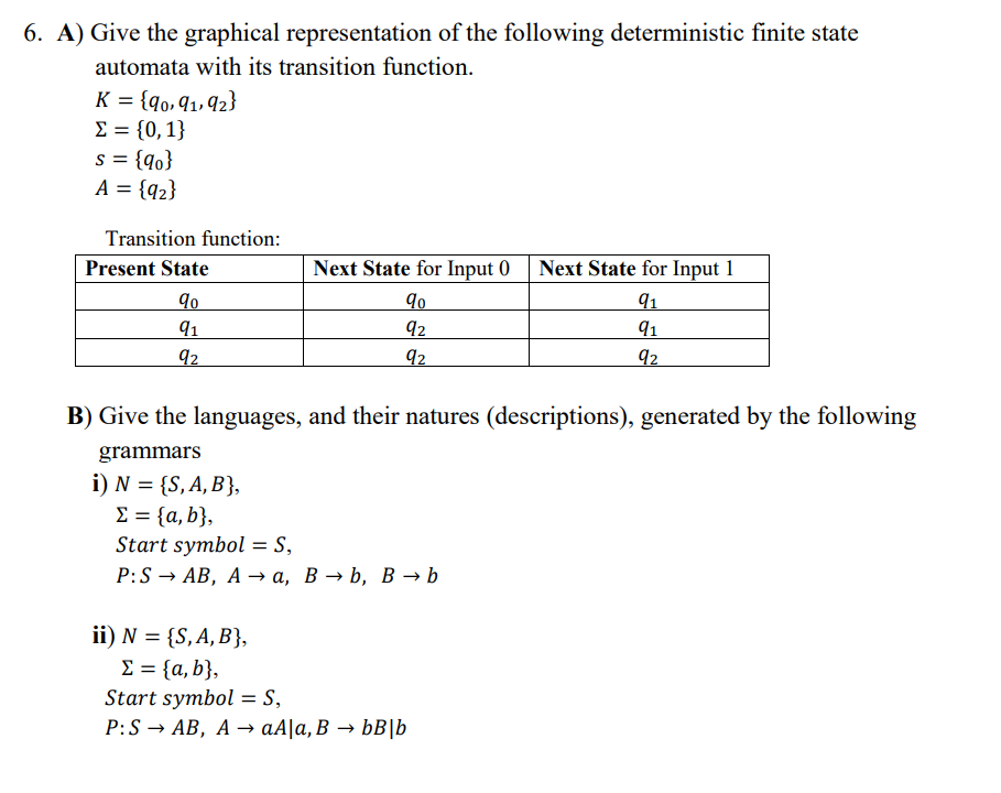 6. A) Give the graphical representation of the following deterministic finite state
automata with its transition function.
K = {90,91,92}
Σ = {0, 1}
s = {90}
A = {9₂}
Transition function:
Present State
90
91
92
Next State for Input 0
90
92
92
Next State for Input 1
91
91
92
B) Give the languages, and their natures (descriptions), generated by the following
grammars
i) N = {S, A, B},
Σ = {a, b},
Start symbol = S,
P:S → AB, A→a, B → b, B → b
ii) N = {S, A, B},
Σ = {a,b},
Start symbol = S,
P:S → AB, AaAla, B → bB|b