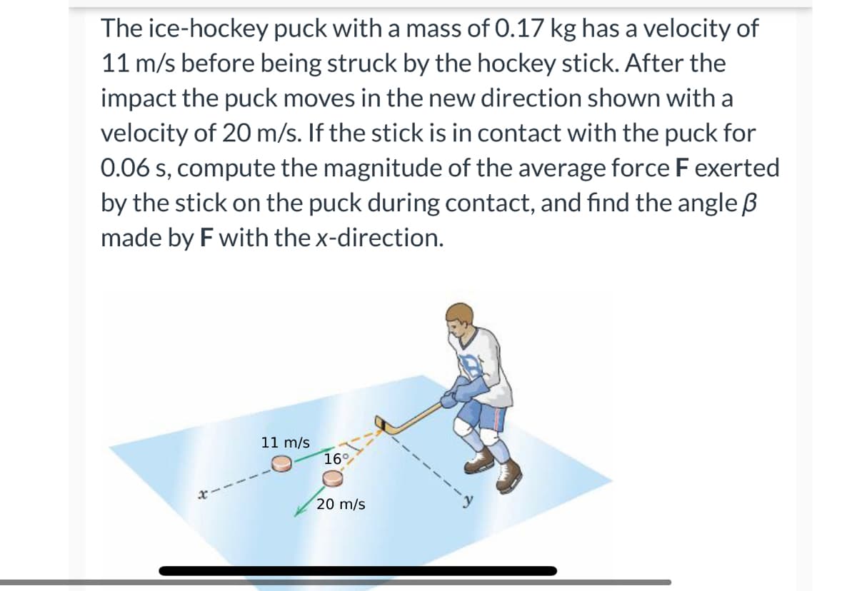 The ice-hockey puck with a mass of 0.17 kg has a velocity of
11 m/s before being struck by the hockey stick. After the
impact the puck moves in the new direction shown with a
velocity of 20 m/s. If the stick is in contact with the puck for
0.06 s, compute the magnitude of the average force F exerted
by the stick on the puck during contact, and find the angle B
made by F with the x-direction.
11 m/s
16%
20 m/s