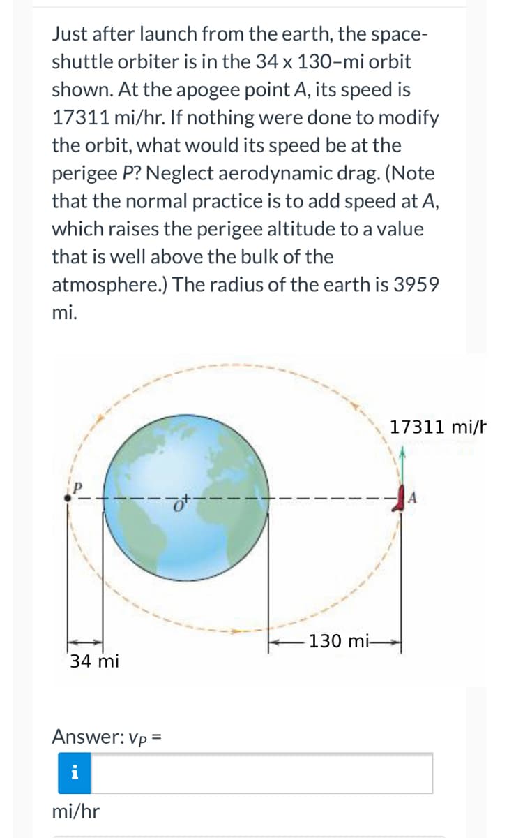 **Orbital Mechanics Problem: Shuttle Speed at Perigee**

**Problem Statement:**

Just after launch from the earth, the space-shuttle orbiter is in the 34 x 130–mile orbit shown. At the apogee point A, its speed is 17311 mi/hr. If nothing were done to modify the orbit, what would its speed be at the perigee P? Neglect aerodynamic drag. (Note that the normal practice is to add speed at A, which raises the perigee altitude to a value that is well above the bulk of the atmosphere.) The radius of the earth is 3959 mi.

**Diagram Explanation:**

The diagram illustrates an elliptical orbit of the space shuttle around the Earth. The major points noted are:
- **Apogee (A):** The furthest point from the Earth, where the shuttle's speed is 17311 mi/hr. This distance from the Earth's surface is given as 130 miles.
- **Perigee (P):** The closest point to the Earth, with a distance of 34 miles from the Earth's surface.
- **Earth:** Represented with a radius of 3959 miles.
- Both distances (34 miles and 130 miles) are indicated relative to the Earth's surface.

**Question:**

Calculate the space-shuttle's speed \( v_P \) at the perigee point P, assuming no aerodynamic drag is present.

**Answer:**

\( v_P \) = _________ mi/hr