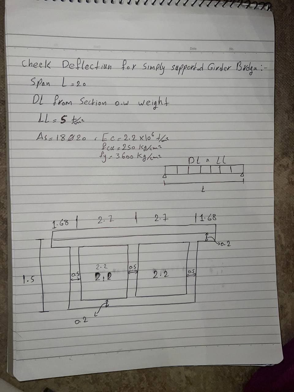 Date
No.
Cheek Deflection for Simply supported Girder Bridga :-
Span L-20
DL from Section o.w
weight
=
As 18020
C
Ec-2.2x106 +252
feu-250 kg/cm²
fy, 3600 kg/cm2
DL LL
1.681
2.7
2.7
11.68
1.5
2.2
2.2
0.5
0.2
2.2
D.S
0.2