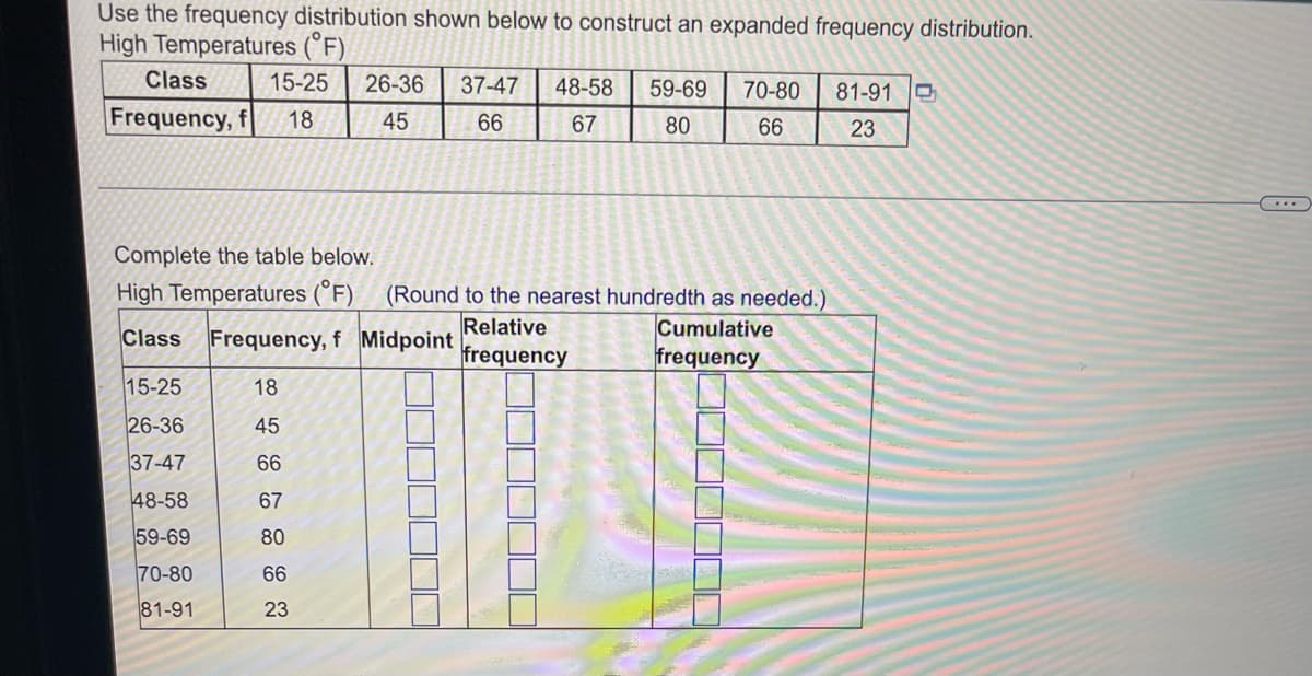 Use the frequency distribution shown below to construct an expanded frequency distribution.
High Temperatures (°F)
Class
15-25
26-36
37-47
48-58
59-69
70-80
81-91 O
Frequency, f
18
45
66
67
80
66
23
Complete the table below.
High Temperatures (°F)
(Round to the nearest hundredth as needed.)
Cumulative
frequency
Relative
frequency
Class
Frequency, f Midpoint
15-25
18
26-36
45
37-47
66
48-58
67
59-69
80
70-80
66
81-91
23
