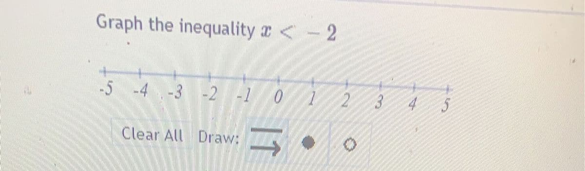 Graph the inequality <-2
5 -4-3 -2-1
Clear All Draw:
