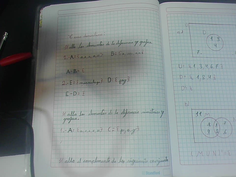 ares domicilive:
It alle los demuertes de le diferences of grafice.
1.-A= []
B=6₂₁ m², ²
A-B= £
2.- E = { murcielage } D = { paz ³
E-D=5
41 allo las dimentos de la diprence's rimétrice y
grafics.
1₁- A = {₁, ₁, ₁ μ} (= {p, a, z ²³
I alla il complemente de los siguiente conjunt
iStandford
a)
O
7.
DE S
D
U 5.1 3,4 6,73
T
6)
13
प
D=51,343
11 M
.8
926
(MUN)' = {