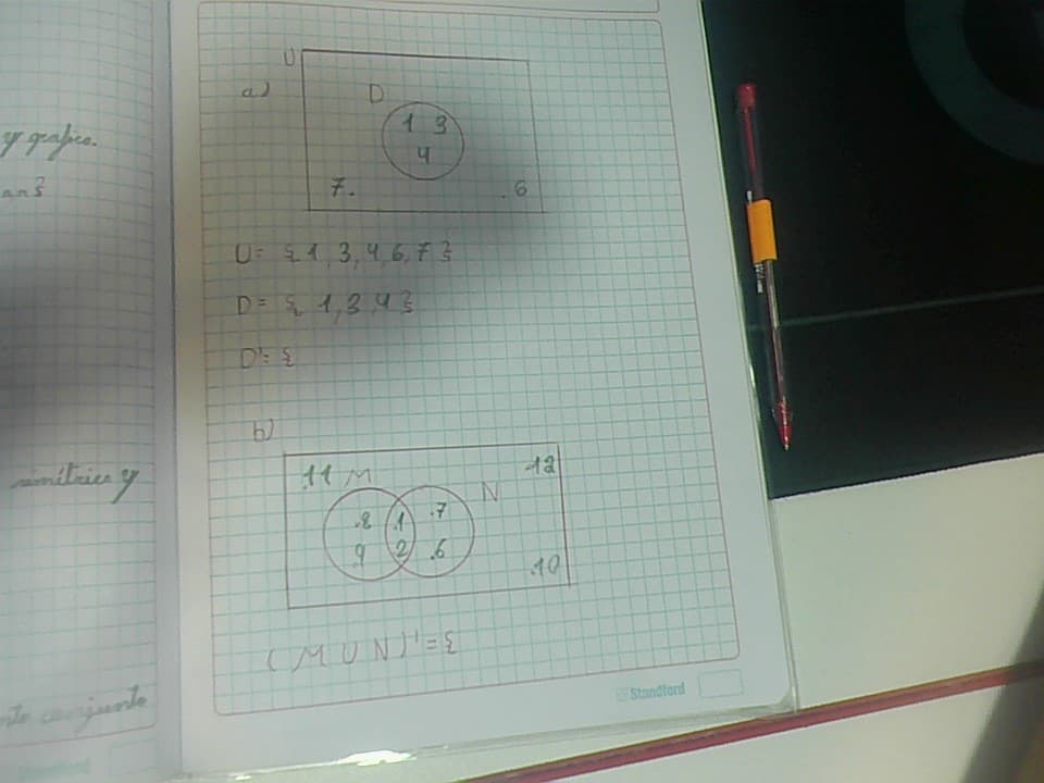 y grafics.
Ans
simitries y
to conjunta
7.
W
D
U 54 3,4 6,73
D = { 1,393
D': E
11 M
13
प
6
.7
26
& A
(MUN)' = {
N
(O)
6
12
10
iStandford