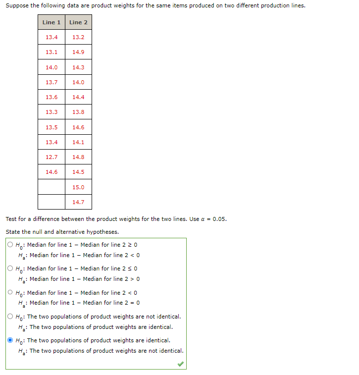 Suppose the following data are product weights for the same items produced on two different production lines.
Line 1
13.4
13.1
14.0
13.7
13.6
13.3
13.5
13.4
12.7
14.6
Line 2
13.2
14.9
14.3
14.0
14.4
13.8
14.6
14.1
14.8
14.5
15.0
14.7
Test for a difference between the product weights for the two lines. Use α = 0.05.
State the null and alternative hypotheses.
Ho: Median for line 1 - Median for line 2 20
H₂: Median for line 1 - Median for line 2 < 0
Ho: Median for line 1 - Median for line 2 ≤ 0
H₂: Median for line 1 - Median for line 2 > 0
O Ho: Median for line 1 - Median for line 2 < 0
H₂: Median for line 1 - Median for line 2 = 0
Ho:
: The two populations of product weights are not identical.
H₂: The two populations of product weights are identical.
H₁: The two populations of product weights are identical.
H₂: The two populations of product weights are not identical.