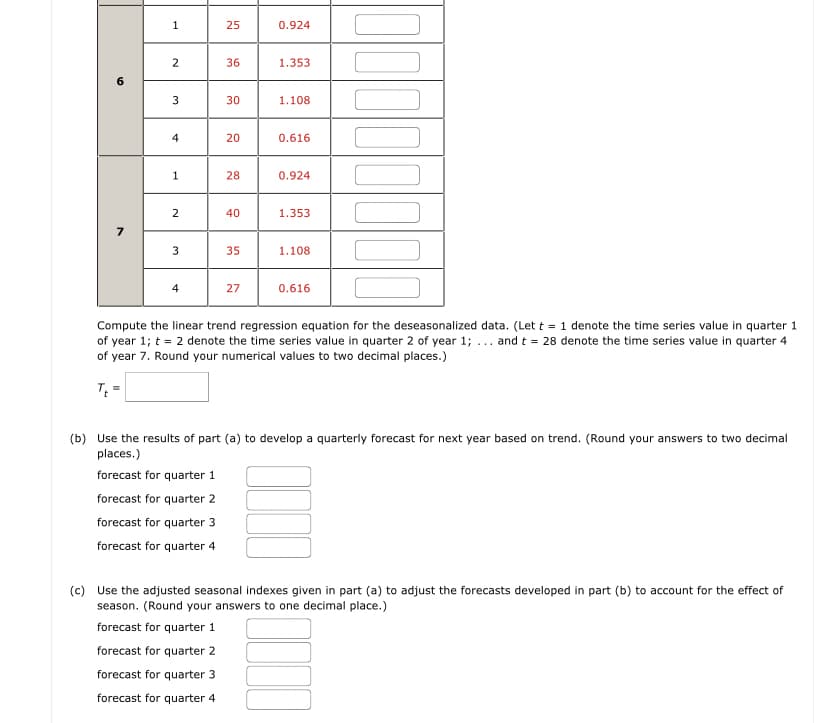 1
2
3
4
1
2
3
4
25
36
30
20
28
40
35
27
0.924
1.353
1.108
0.616
0.924
1.353
1.108
0.616
1000000
Compute the linear trend regression equation for the deseasonalized data. (Let t = 1 denote the time series value in quarter 1
of year 1; t = 2 denote the time series value in quarter 2 of year 1; ... and t = 28 denote the time series value in quarter 4
of year 7. Round your numerical values to two decimal places.)
T₁ =
(b) Use the results of part (a) to develop a quarterly forecast for next year based on trend. (Round your answers to two decimal
places.)
forecast for quarter 1
forecast for quarter 2
forecast for quarter 3
forecast for quarter 4
(c) Use the adjusted seasonal indexes given in part (a) to adjust the forecasts developed in part (b) to account for the effect of
season. (Round your answers to one decimal place.)
forecast for quarter 1
forecast for quarter 2
forecast for quarter 3
forecast for quarter 4