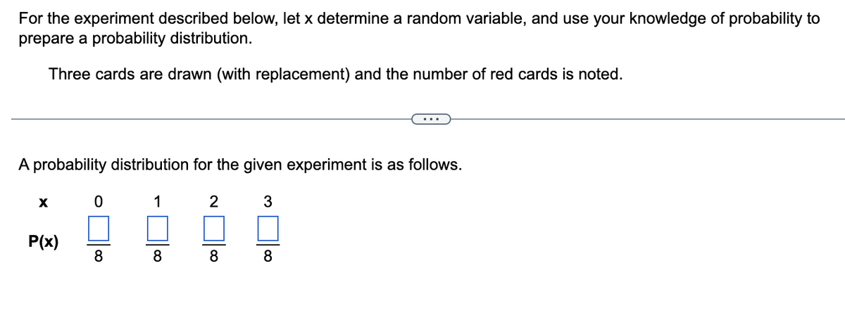 For the experiment described below, let x determine a random variable, and use your knowledge of probability to
prepare a probability distribution.
Three cards are drawn (with replacement) and the number of red cards is noted.
A probability distribution for the given experiment is as follows.
0 1
X
P(x)
8
8
2
8
3
8