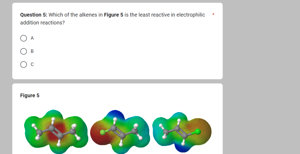 Question 5: Which of the alkenes in Figure 5 is the least reactive in electrophilic
addition reactions?
A
B
C
Figure 5
Coup
*