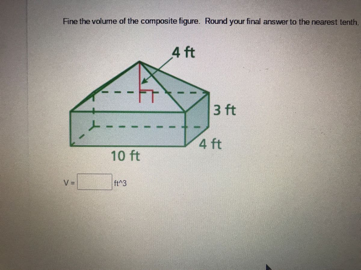 Fine the volume of the composite figure. Round your final answer to the nearest tenth
4 ft
3 ft
4 ft
10 ft
V =
ft^3
什
