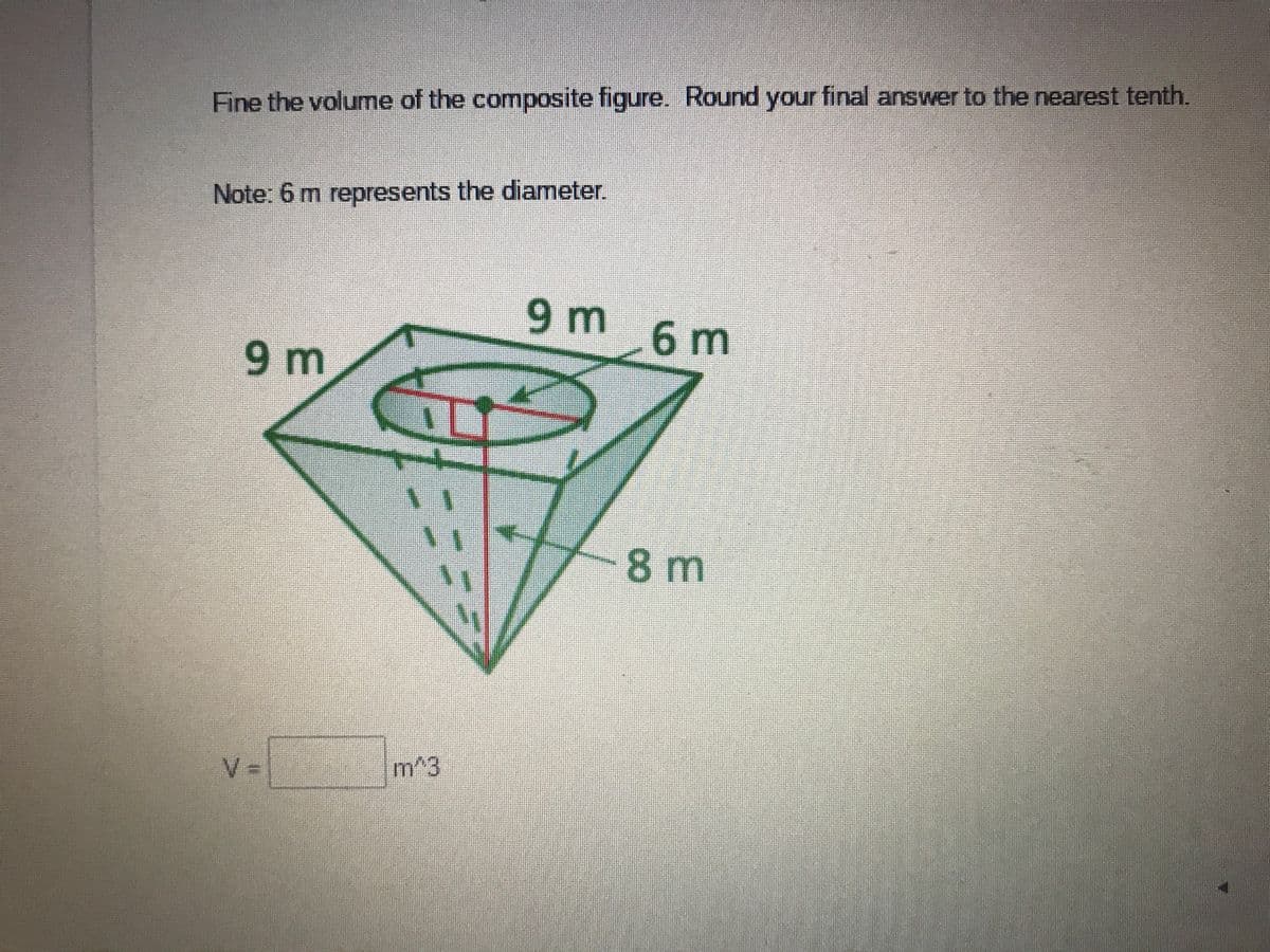 Fine the volume of the composite figure. Round your final answer to the nearest tenth.
Note: 6 m represents the diameter.
9 m 6m
9 m
8m
V3=
m^3
