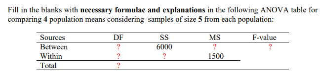 Fill in the blanks with necessary formulae and explanations in the following ANOVA table for
comparing 4 population means considering samples of size 5 from each population:
F-value
Sources
Between
DF
S
MS
?
6000
?
Within
?
1500
Total
?
