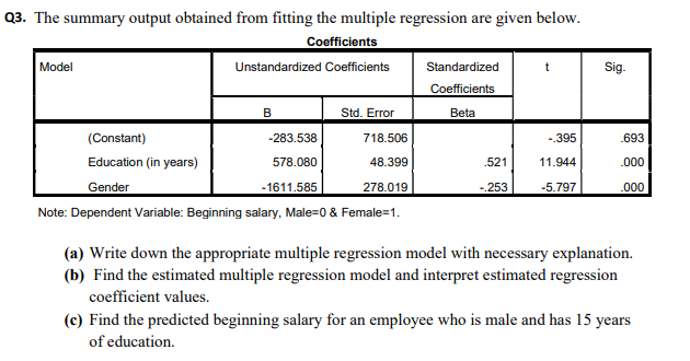 Q3. The summary output obtained from fitting the multiple regression are given below.
Coefficients
Model
Unstandardized Coefficients
Standardized
Sig.
Coefficients
Std. Error
B
Beta
(Constant)
-283.538
718.506
-.395
.693
Education (in years)
578.080
48.399
521
11.944
.000
Gender
-1611.585
278.019
-253
-5.797
.000
Note: Dependent Variable: Beginning salary, Male=0 & Female=1.
(a) Write down the appropriate multiple regression model with necessary explanation.
(b) Find the estimated multiple regression model and interpret estimated regression
coefficient values.
(c) Find the predicted beginning salary for an employee who is male and has 15 years
of education.
