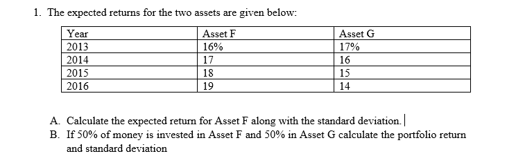 1. The expected returns for the two assets are given below:
Year
Asset F
Asset G
2013
16%
17%
2014
17
16
2015
18
15
2016
19
14
A. Calculate the expected return for Asset F along with the standard deviation.
B. If 50% of money is invested in Asset F and 50% in Asset G calculate the portfolio return
and standard deviation
