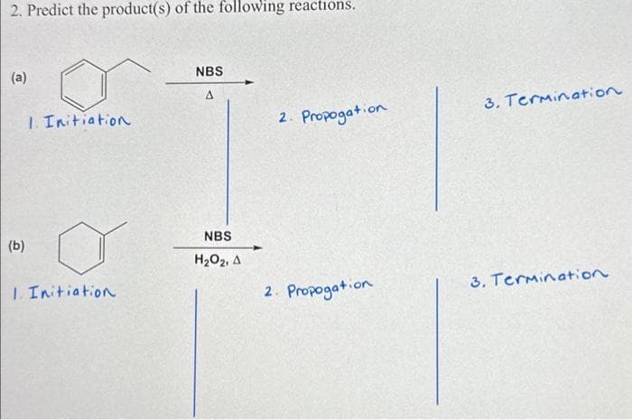 2. Predict the product(s) of the following reactions.
(a)
(b)
1. Initiation
1. Initiation
NBS
A
NBS
H₂O₂, A
2. Propogation
2. Propogation
3. Termination
3. Termination