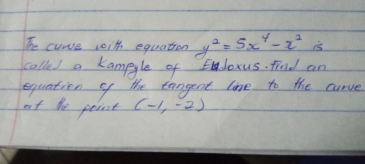 2.
he curve oith equaten y= 5x"-r is
Icolled a
Kampyle of Ela Joxus.find an
EMJoxus Find an
equat ien f
at he
to
the tangent line
to the Curve
peint (-1,-2)
