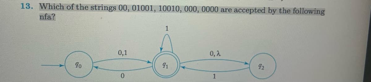 13. Which of the strings 00, 01001, 10010, 000, 0000 are accepted by the following
nfa?
90
0,1
0
1
91
0,2
1
92