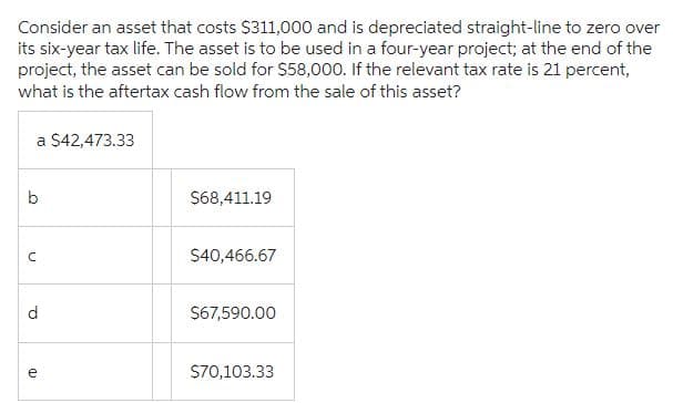 e
n
Consider an asset that costs $311,000 and is depreciated straight-line to zero over
its six-year tax life. The asset is to be used in a four-year project; at the end of the
project, the asset can be sold for $58,000. If the relevant tax rate is 21 percent,
what is the aftertax cash flow from the sale of this asset?
a $42,473.33
b
$68,411.19
$40,466.67
d
$67,590.00
$70,103.33