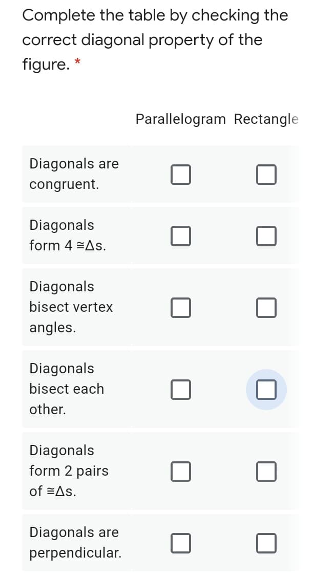 Complete the table by checking the
correct diagonal property of the
figure. *
Parallelogram Rectangle
Diagonals are
congruent.
Diagonals
form 4 =As.
Diagonals
bisect vertex
angles.
Diagonals
bisect each
other.
Diagonals
form 2 pairs
of =As.
Diagonals are
perpendicular.
