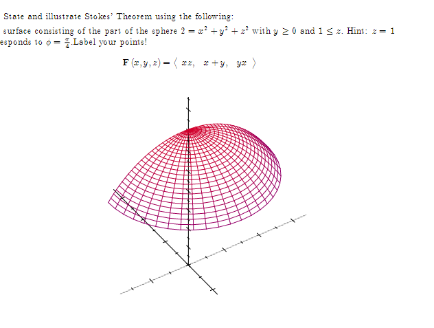 State and illustrate Stokes' Theorem using the following:
surface consisting of the part of the sphere 2 = x² + y² + 2² with y ≥ 0 and 1 ≤ 2. Hint: z = 1
esponds to o Label your points!
F(x, y, z)=(xx, x+y, yx)