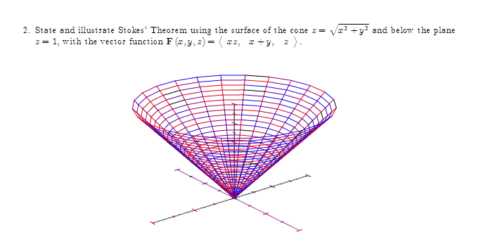 2. State and illustrate Stokes' Theorem using the surface of the cone z= √√√² + y² and below the plane
z = 1, with the vector function F(x, y, z)=(xx, x+y,