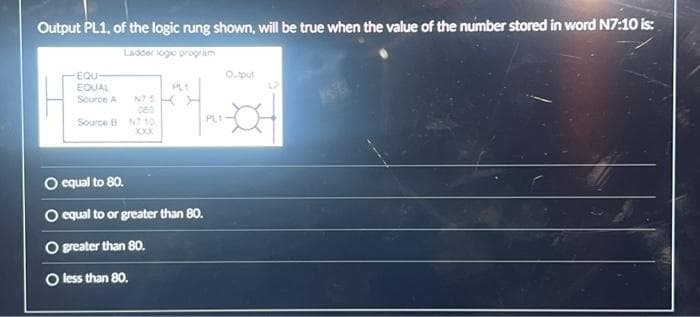 Output PL1, of the logic rung shown, will be true when the value of the number stored in word N7:10 is:
Ladder logic program
-EQU
EQUAL
Source A
Source 8
N75
080
N7 10
XXX
PL1
equal to 80.
O equal to or greater than 80.
greater than 80.
less than 80.
Output
PL1-