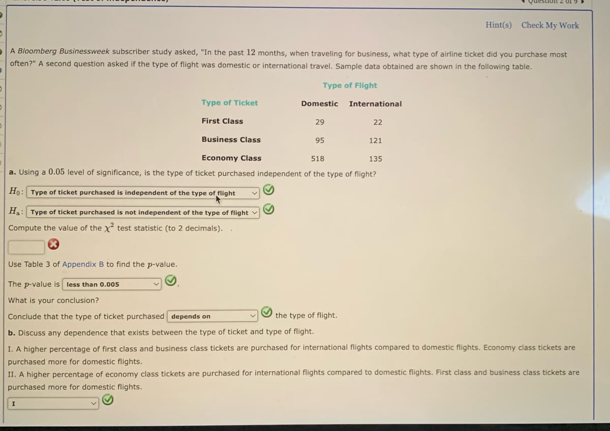 A Bloomberg Businessweek subscriber study asked, "In the past 12 months, when traveling for business, what type of airline ticket did you purchase most
often?" A second question asked if the type of flight was domestic or international travel. Sample data obtained are shown in the following table.
Type of Flight
Type of Ticket
First Class
Business Class
I
Ho: Type of ticket purchased is independent of the type of flight
Ha: Type of ticket purchased is not independent of the type of flight
Compute the value of the X² test statistic (to 2 decimals)..
Domestic
29
95
International
22
Economy Class
518
135
a. Using a 0.05 level of significance, is the type of ticket purchased independent of the type of flight?
121
Hint(s) Check My Work
Use Table 3 of Appendix B to find the p-value.
The p-value is less than 0.005
What is your conclusion?
Conclude that the type of ticket purchased depends on
the type of flight.
b. Discuss any dependence that exists between the type of ticket and type of flight.
I. A higher percentage of first class and business class tickets are purchased for international flights compared to domestic flights. Economy class tickets are
purchased more for domestic flights.
II. A higher percentage of economy class tickets are purchased for international flights compared to domestic flights. First class and business class tickets are
purchased more for domestic flights.