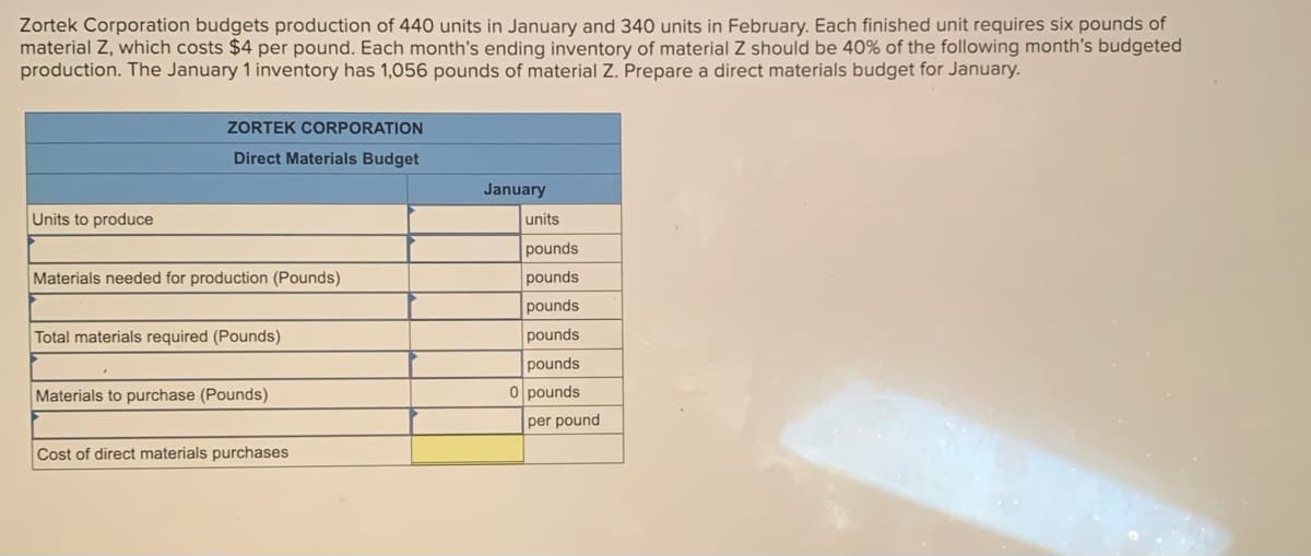 Zortek Corporation budgets production of 440 units in January and 340 units in February. Each finished unit requires six pounds of
material Z, which costs $4 per pound. Each month's ending inventory of material Z should be 40% of the following month's budgeted
production. The January 1 inventory has 1,056 pounds of material Z. Prepare a direct materials budget for January.
Units to produce
ZORTEK CORPORATION
Direct Materials Budget
Materials needed for production (Pounds)
Total materials required (Pounds)
Materials to purchase (Pounds)
Cost of direct materials purchases
January
units
pounds
pounds
pounds
pounds
pounds
0 pounds
per pound